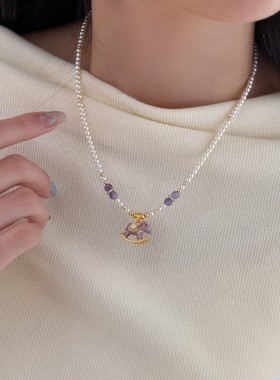 小众紫色滴油珍珠锁骨链