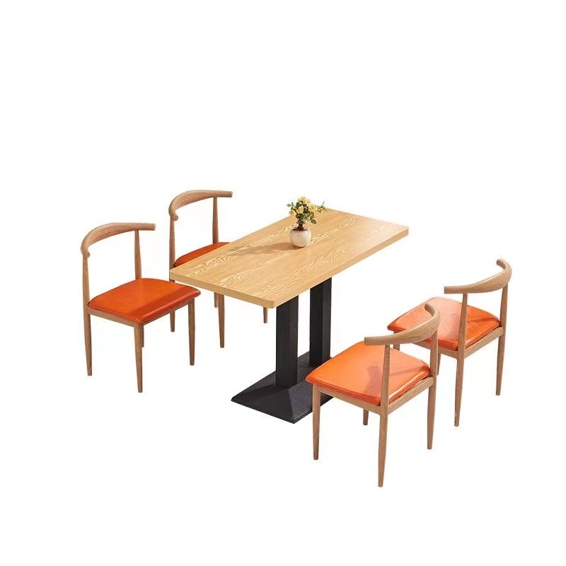 快餐桌椅铁艺仿实木牛角椅简约奶茶甜品汉堡店方桌食堂饭店餐桌椅 - 图3
