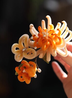 国风唐风菊花头饰古风盘发汉服配饰新中式发夹侧边秋冬毛绒发饰女