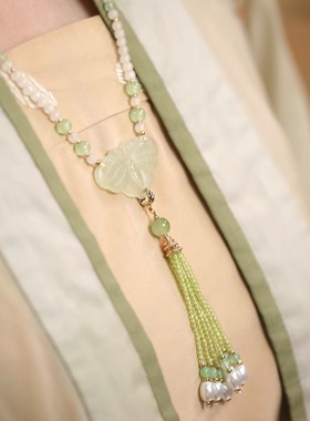 夏天项链超仙岫玉荷花吊坠新中式