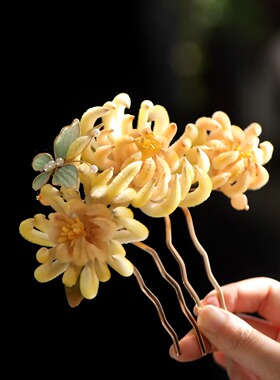 国风唐风菊花发饰发钗古风盘发头饰秋冬汉服簪花古装配饰复古超仙