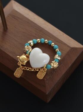 驼骨爱心戒指搭配菱镁矿刻面珠招财猫铜diy配件佛珠手串时尚配饰
