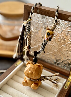 小熊项链天然崖柏小熊老琉璃桶珠diy配件手工编织手绳编织文玩