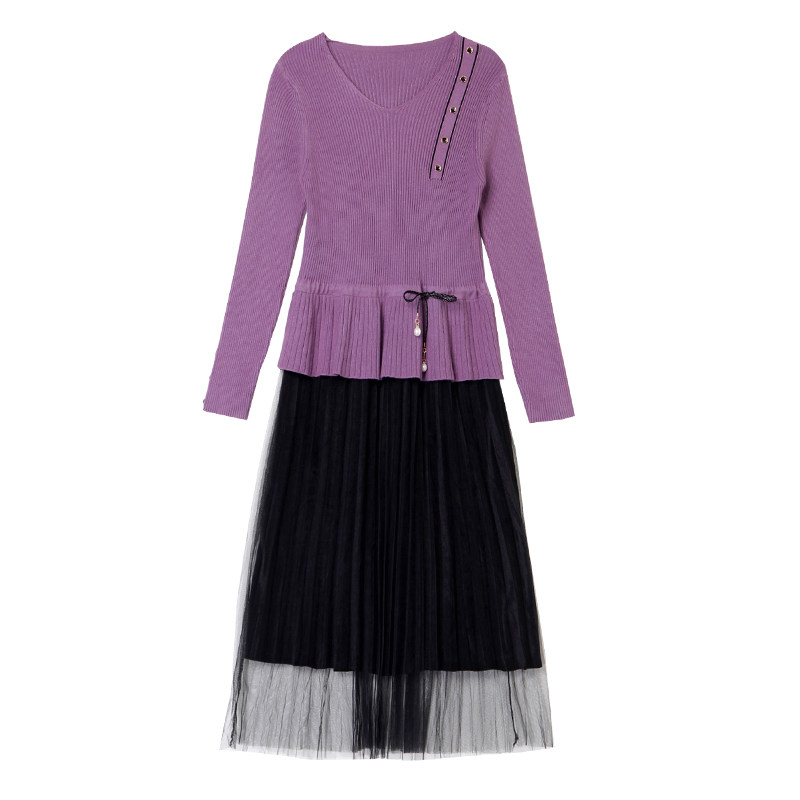 卡洛莱早秋针织拼接网纱新款连衣裙 卡洛莱连衣裙