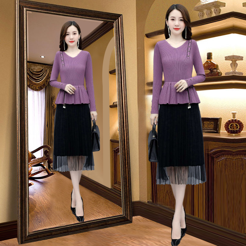 卡洛莱早秋针织拼接网纱新款连衣裙 卡洛莱连衣裙