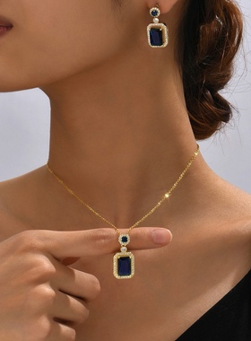 包邮韩版时尚甜美OL简洁镶锆绿色宝石气质项链耳扣套装1123