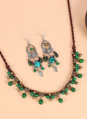 复古民族风绿色玉额饰异域风波西米亚额头链森系流苏耳环头饰女mr