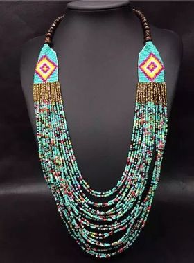 波西米亚风蓝色长款流苏项链吊坠