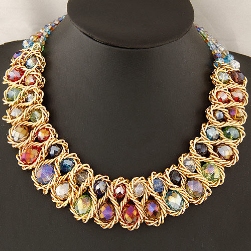 Korean style fashionable metal exaggerated crystal braided necklace