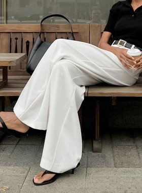 欧美新款白色腰长裤跨境时尚百搭简约休闲裤西裤宽松秋季女装