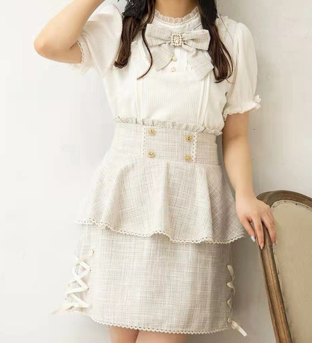 2022春夏 lizlisa原单甜美可爱蝴蝶结袖口蕾丝边珍珠领短袖衬衫女 - 图1