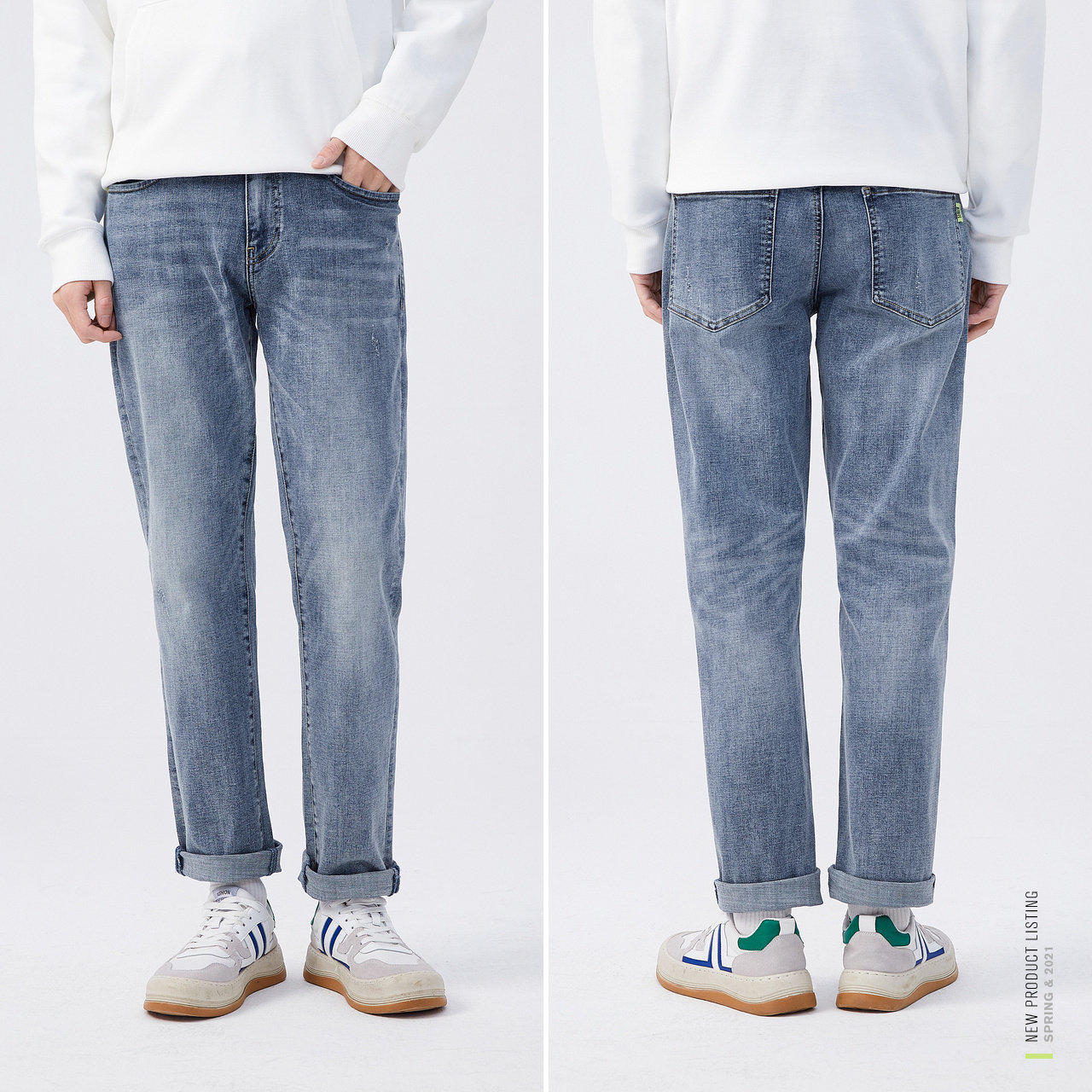 森马2022夏季新款男士蓝色小脚裤子 森马裕伟牛仔裤
