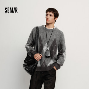 森马毛衫男冬季仿马海毛格纹提花针织衫2025新款复古学院风情侣装