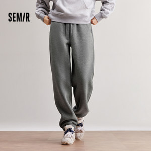 森马休闲裤女加绒加厚保暖松紧腰长裤灰色冬新款宽松束脚针织卫裤