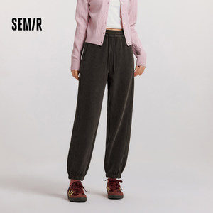 [商场同款]森马休闲裤女软糯雪尼尔束脚卫裤2024冬季新款加绒长裤