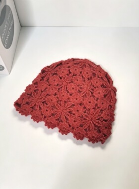 手工钩针镂空铜钱花包头帽女百搭透气针织花朵编织马海毛帽