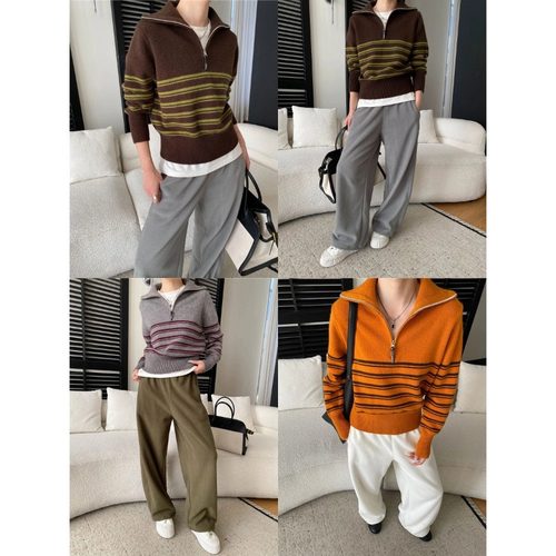 高智穿搭慵懒风半拉链翻领宽松撞色条纹针织衫毛衣 - 图0