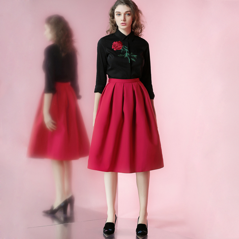 JUNGLE ME设计工作室JUNGLE ME春秋款复古大摆裙半身裙A字百褶高腰蓬蓬裙中长款黑粉色1