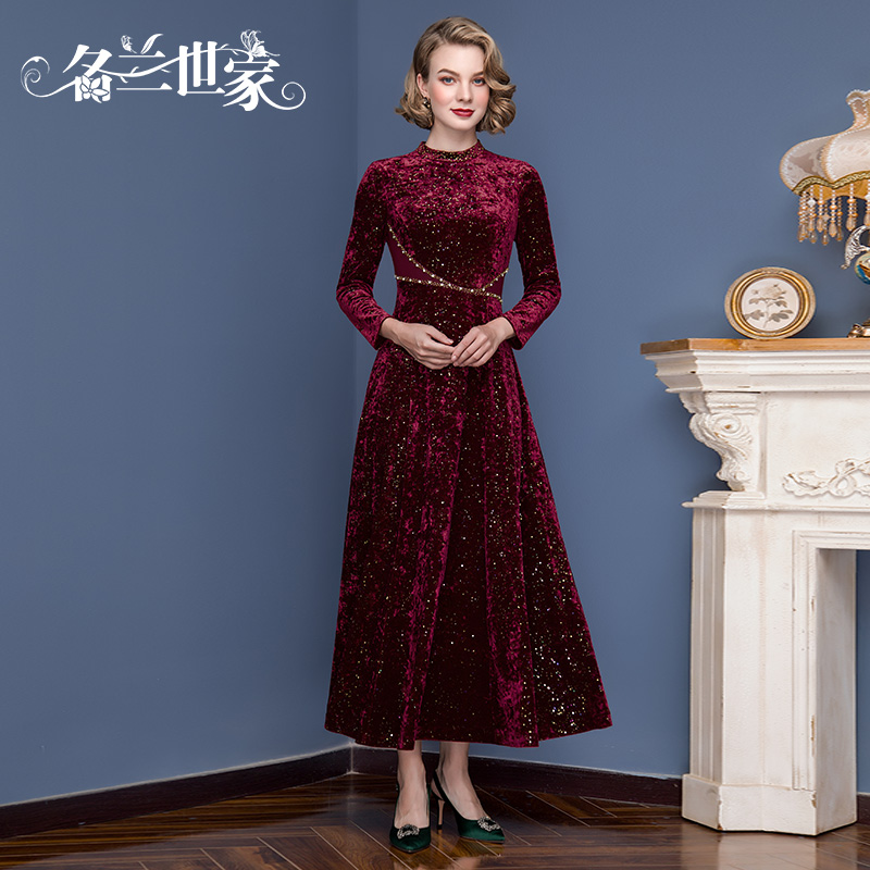 名兰世家婚礼妈妈礼服喜婆婆婚宴装长款女丝绒连衣裙原创平时可穿 - 图0