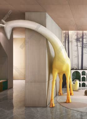 玻璃钢长颈鹿雕塑落地大型摆件2米高黄色卡通动物造型儿童区装置