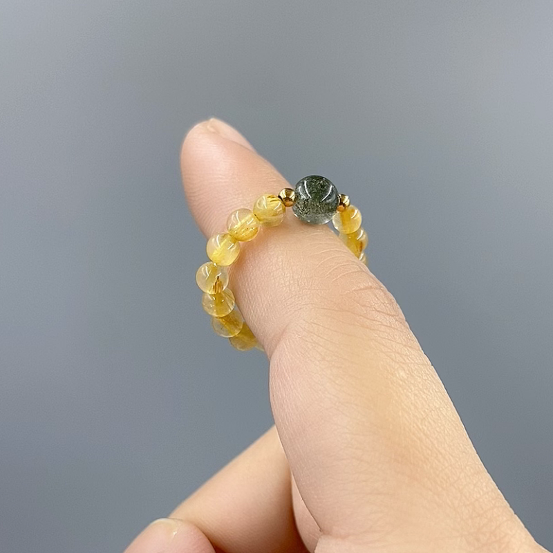Natural blonde titanium crystal beaded ring female green ghost