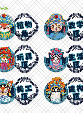 幼儿园中国风京剧主题环创卡通小班进区域角规则活动标志识牌贴画