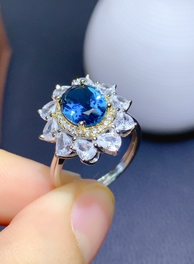 活圈 925银镀白金7*9mm 伦敦蓝托帕石 戒指 空托 V965