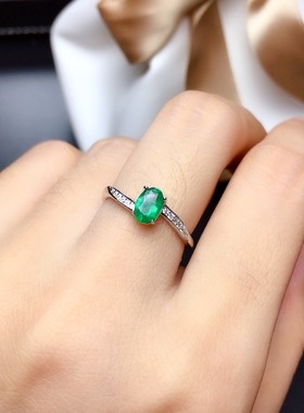 活圈925银镀白金 4*6mm 天然祖母绿 戒指 空托V797