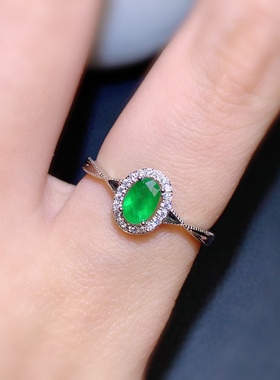 活圈 925银镀白金4*6mm 天然祖母绿 戒指 空托V861