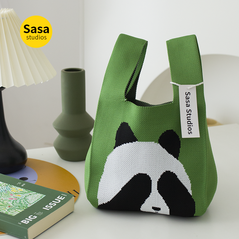 可爱卡通熊猫小包包针织便携手提包女大容量背心包手提包通便当包