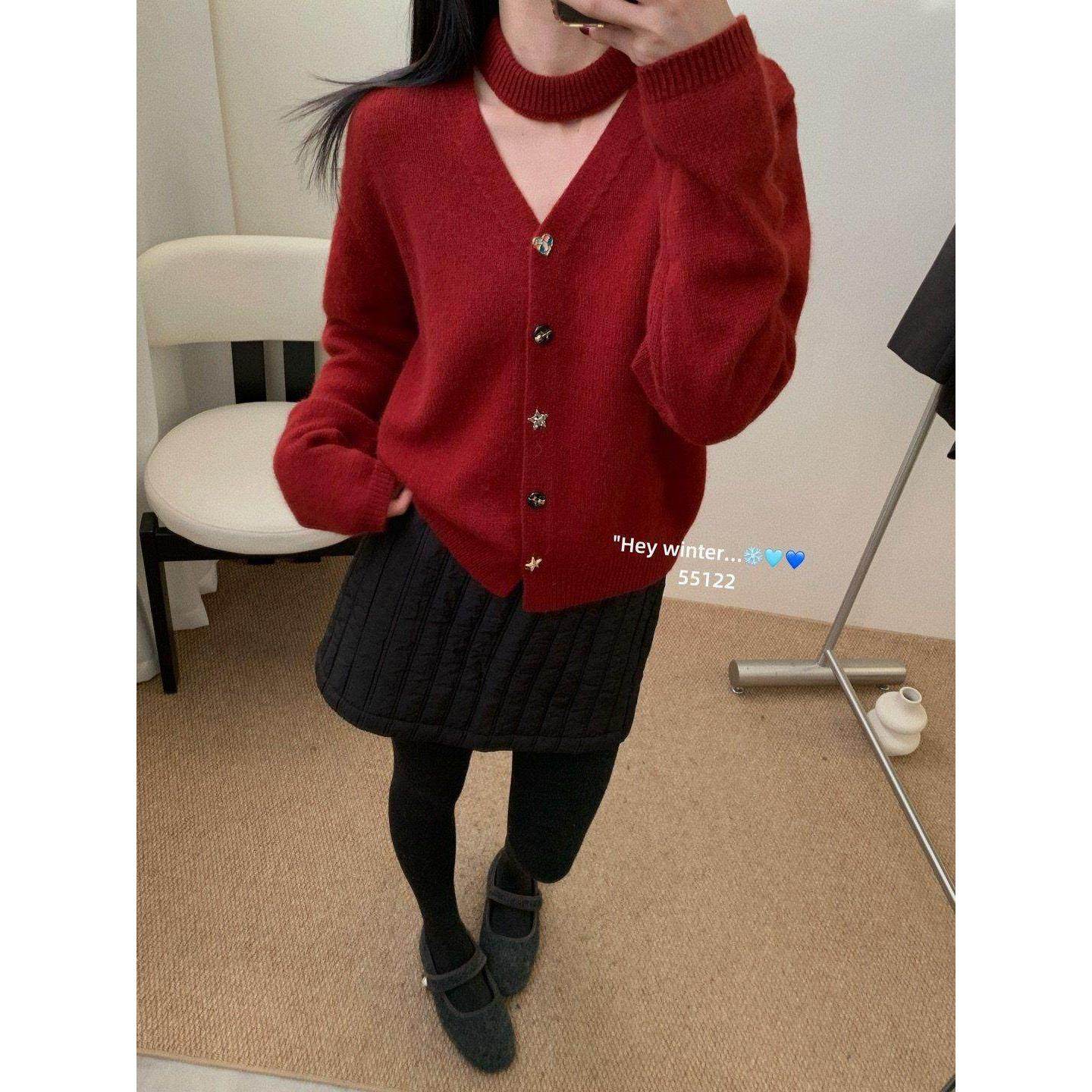 chic韩国气质温柔风V领挂脖针织开衫女欧货单排扣百搭保暖毛衣,淘宝优惠券,粉丝福利购,淘宝优惠卷