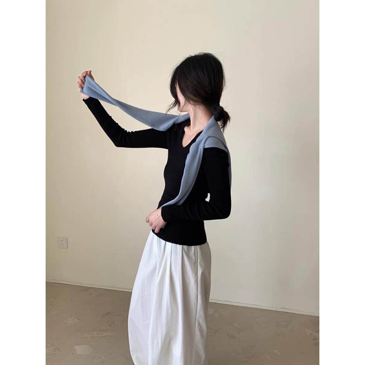 TOMORROW显瘦百搭100羊毛打底衫韩系简约U领内搭修身针织衫6903 - 图1