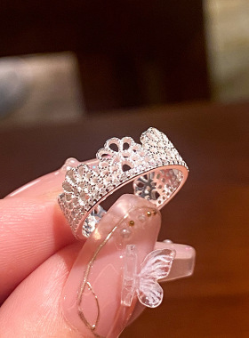 s925通体纯银轻奢皇冠戒指女复古宫廷风气质百搭镂空花边食指戒