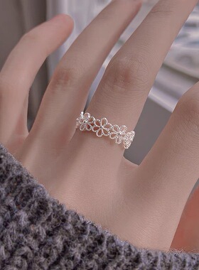 s925通体纯银蕾丝花朵戒指女小众轻奢复古法式甜美镂空花边食指环