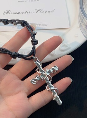 缠绕|十字架项链亚文化吊坠简约皮质打结锁骨链个性设计百搭颈链