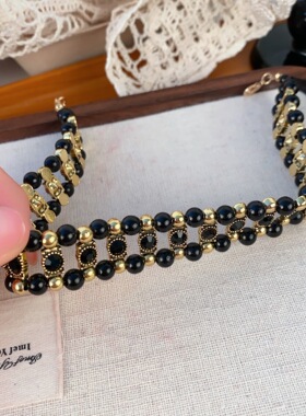 复古轻奢黑金串珠项圈小众设计choker颈链巴洛克高级感多层锁骨链