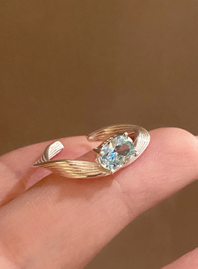 s925通体纯银法式轻奢戒指蓝色锆石扭线不规则精致甜美小众食指环