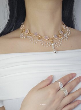 法式复古宫廷风珍珠流苏项链仿猫眼石轻奢小众设计感满钻锁骨链