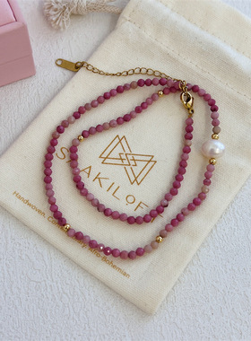 天然石红纹水晶串珠项链淡水珍珠