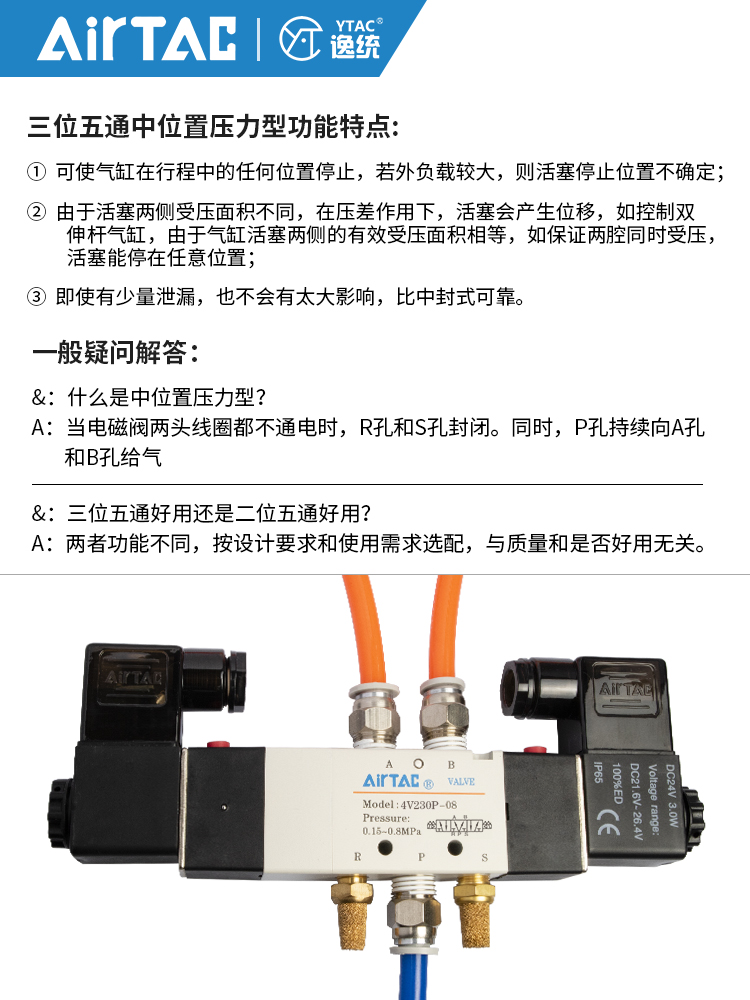 亚德客双头电磁阀三位五通中压4V230P/130P/330P/430P06-08-10-15 - 图1