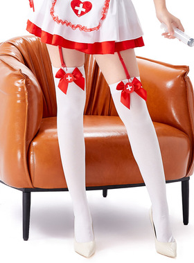 白色护士袜 蝴蝶结十字丝袜袜 万圣节制服cosplay配件过膝长筒袜