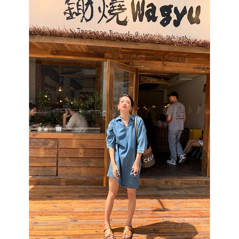 落落狷介 牛仔连衣裙2026新款夏设计感小众蓝色衬衫式牛仔裙宽松