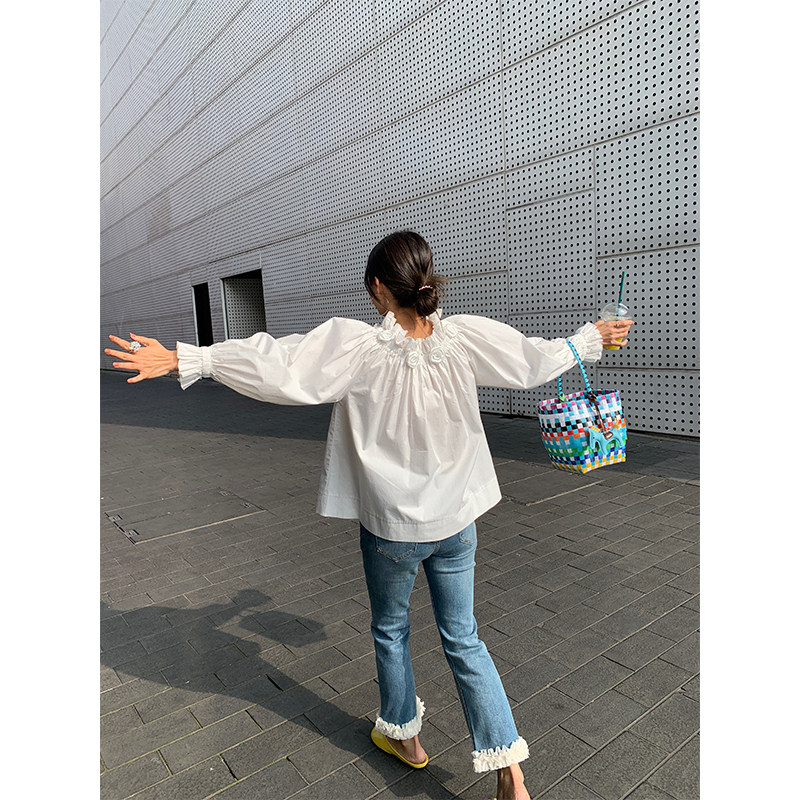 落落狷介衬衣2025年新款女一字肩上衣白色宽松长袖法式小个子衬衫,淘宝优惠券,粉丝福利购,淘宝优惠卷
