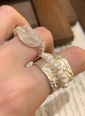 闪耀中古vintage复古咖啡金开口戒指套装小众设计感食指戒高级感