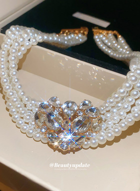 闪耀欧美跨境镶钻串珠珍珠项链夸张时尚设计感颈链小众复古choker