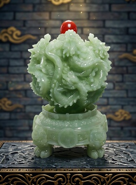 青白玉龙纹鼎可旋转招财镇宅摆件