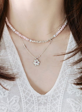 925纯银 粉色天然石碎银项链 女锁骨链颈链叠戴轻奢小众高级感