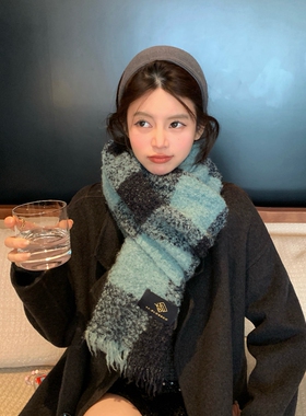冬季韩版蓝绿色格子围巾围脖女