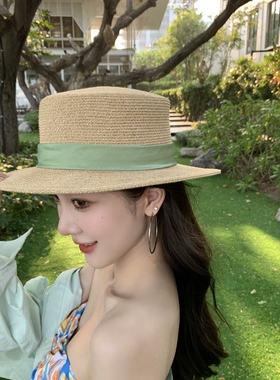 平顶帽出游法式女大草帽