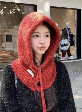 韩版红色针织毛线帽拉法帽女冬季